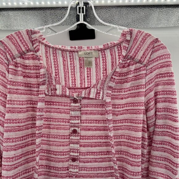 Ann Taylor Loft Womens Tie Neck Long Roll Tab Sleeve Blouse Pink/White Striped S - Picture 2 of 11
